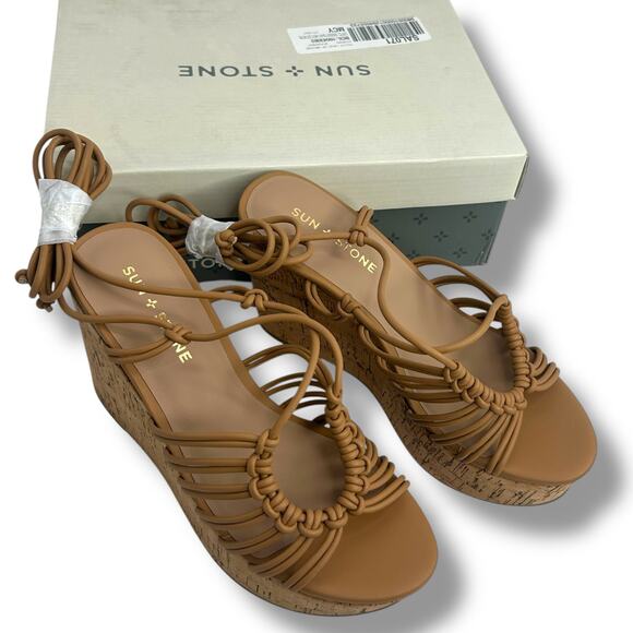 NEW Sun + Stone Strappy Lace Up Wedge Sandals SZ 7 Brown Wrap Around Boho Heels - Picture 7 of 12